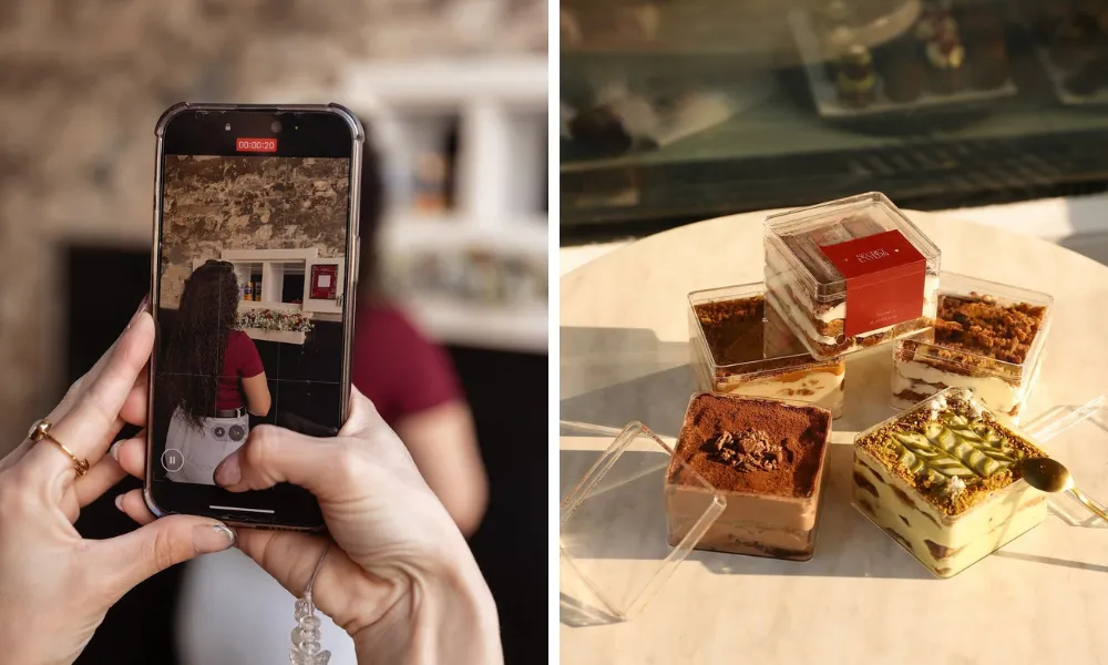 phone filming tiramisu window shop