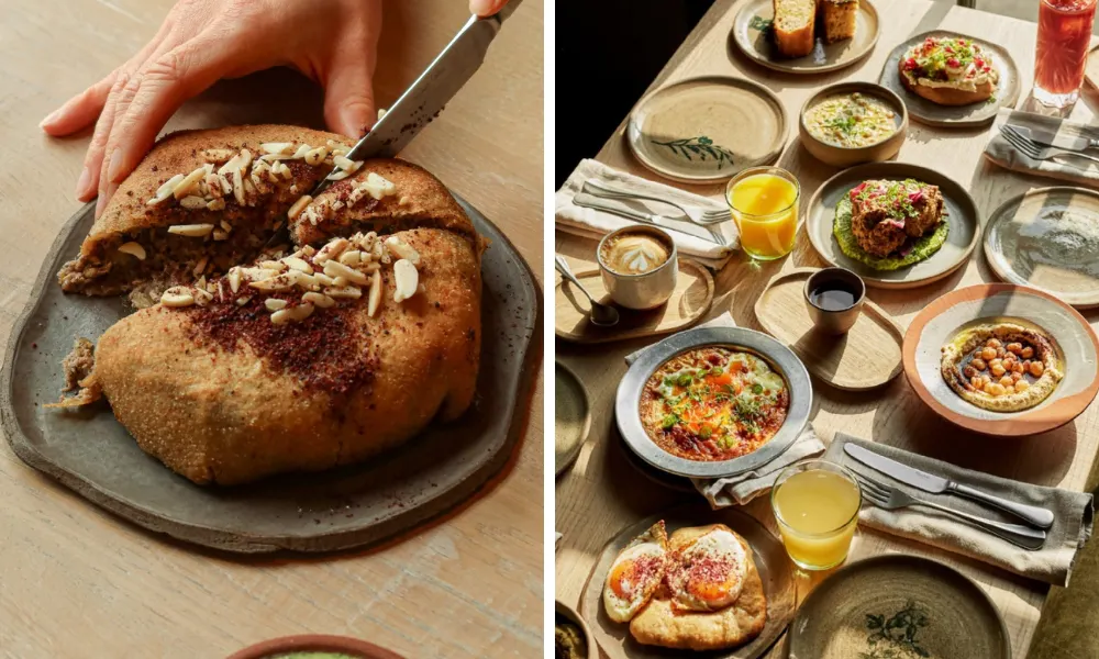 Selection of brunch plates, mezze, and juice