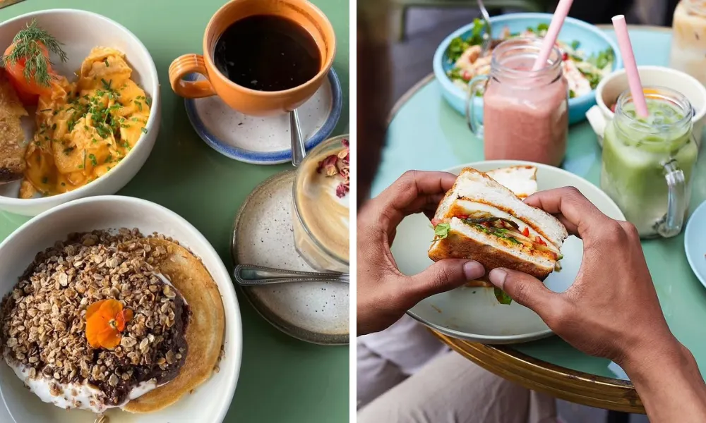 Eggs and pancakes with hands holding sandwich