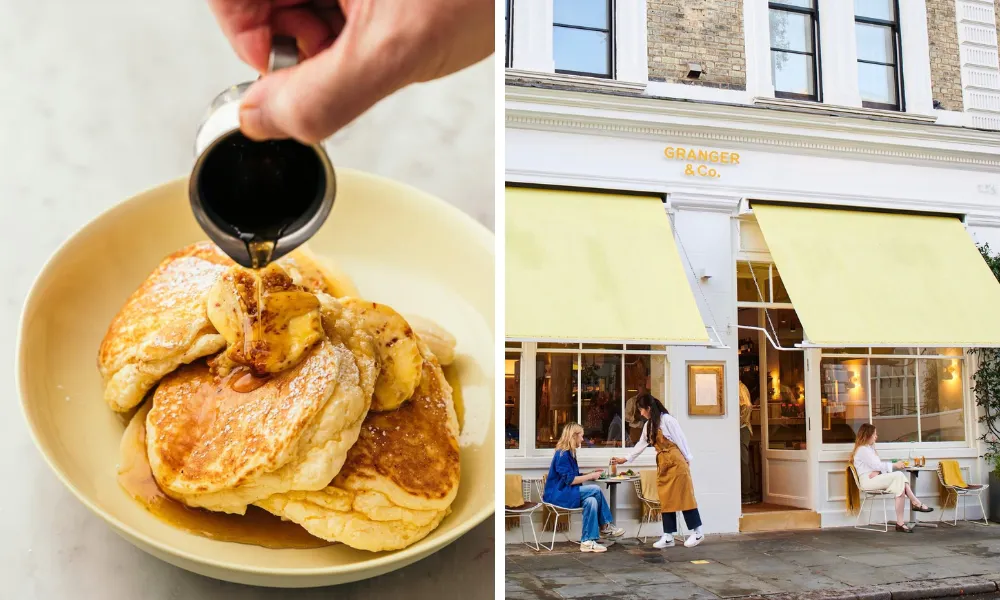 jug pouring syrup on fluffy pancakes in a yellow bowl