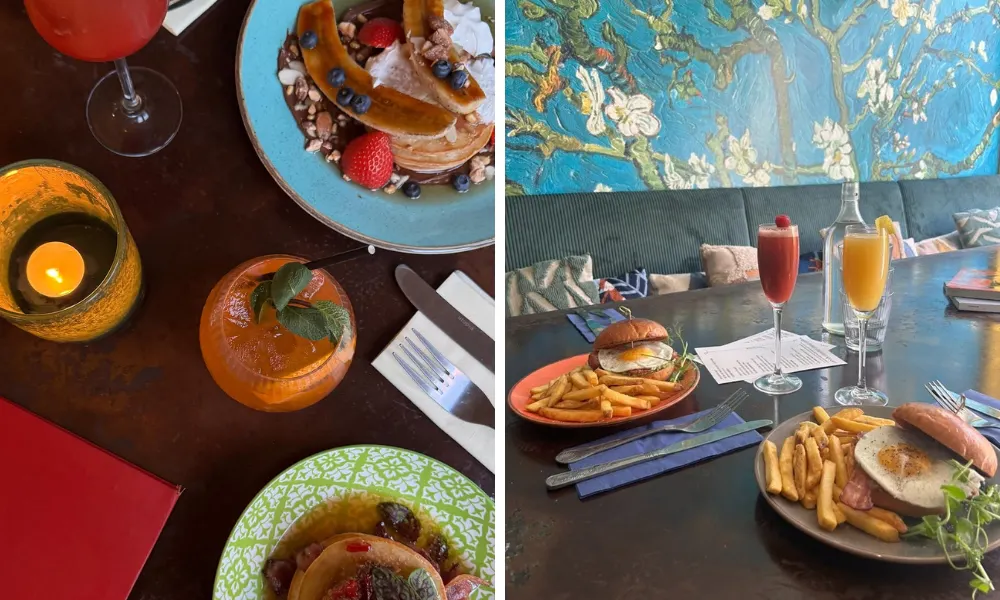 pancakes and brunch plates with chips and cocktails