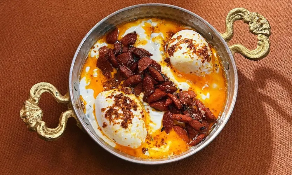 pan with handles filled with egg, yoghurt and meat