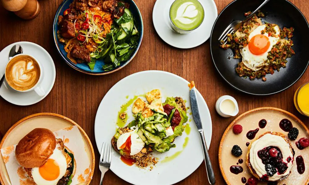 Brunch plates including avocado toast and burger