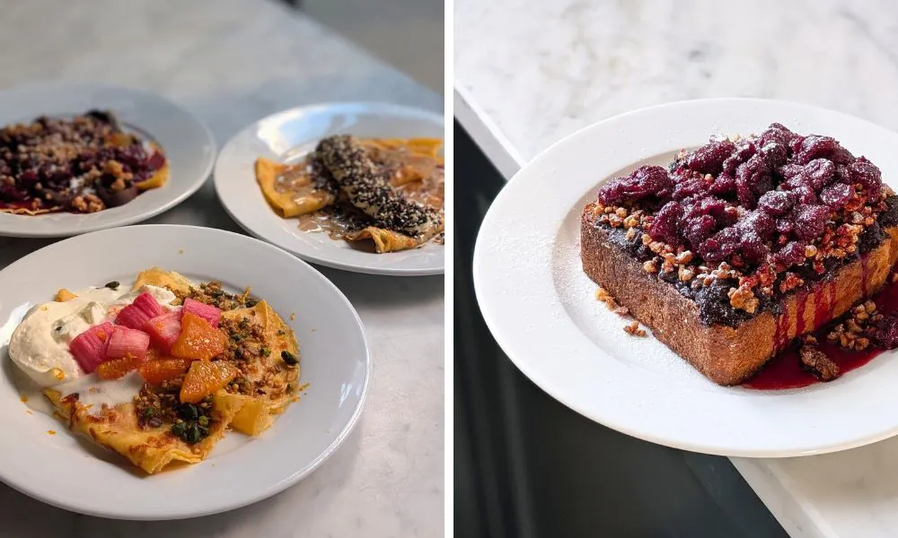 a selection of rhubarb pancakes (left); sour cherry brioche French toast (right)