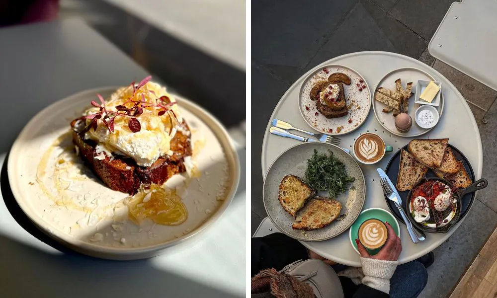 French toast (left); Brunch spread and coffees on table (right)