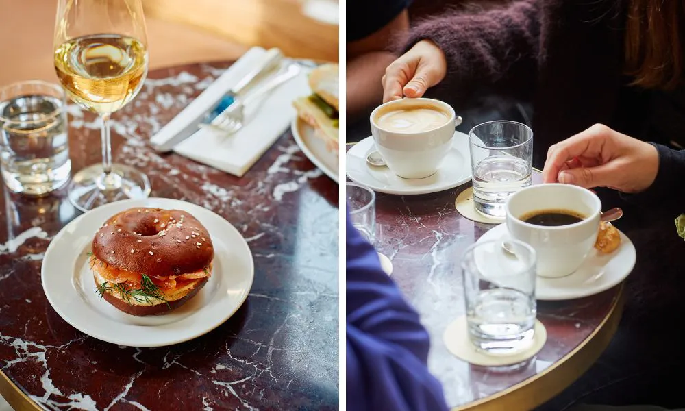 smoked salmon bagel (left), and a selection of coffees on a table (right)