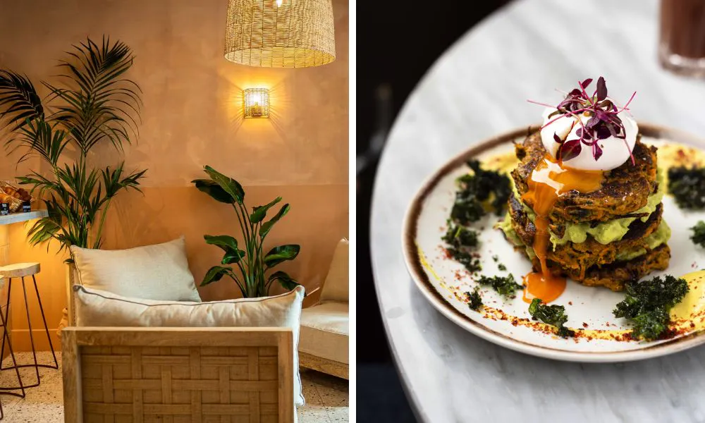 a relaxing restaurant interior (left), and a stack of sweetcorn fritters (right)