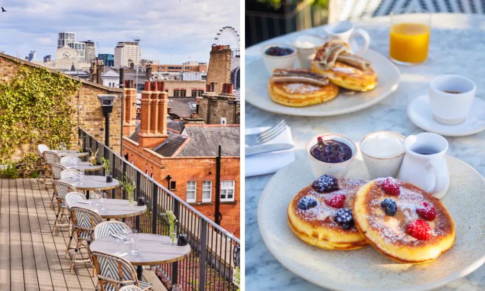 Outdoor rooftop terrace (left), and stack of pancakes (right)