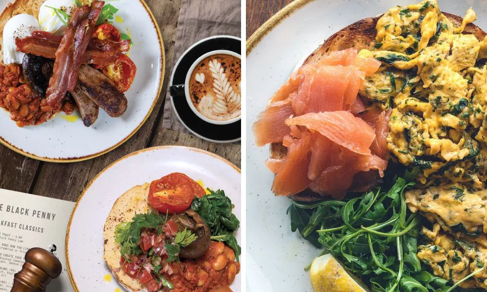 Full english breakfast (left), and smoked salmon and scrambled eggs (right)