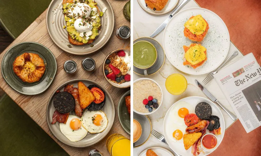 Overhead shot of brunch dishes