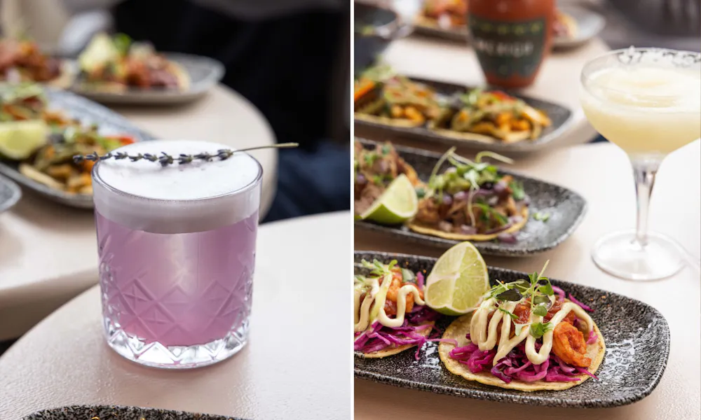 purple cocktail and tacos