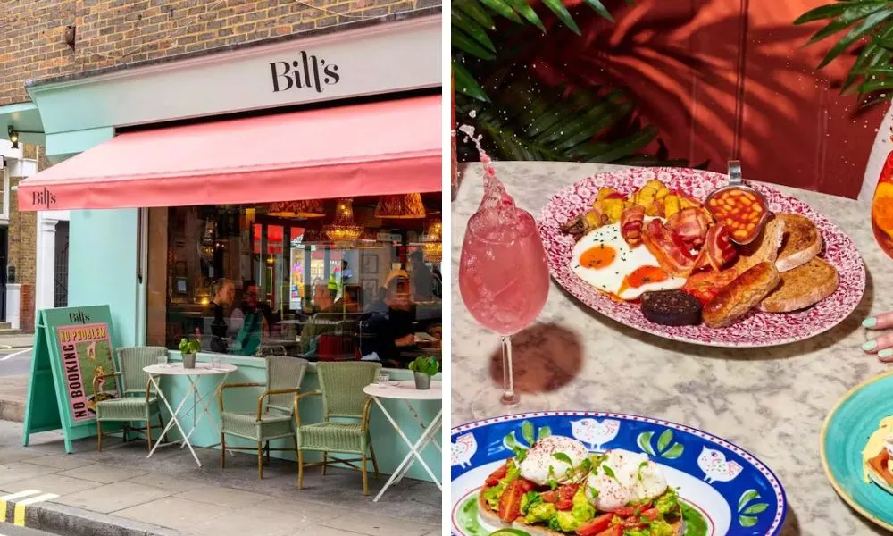 Shopfront of Bills restaurant in Soho and plate of fry up