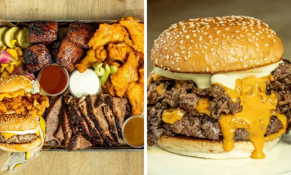 bbq tray with meat and burger and cheeseburger