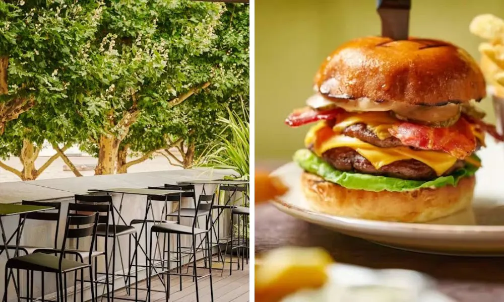 high stool seating in restaurant terrace and beef burger