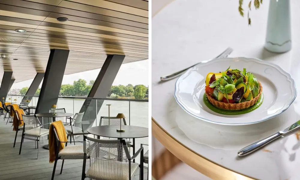 balcony overlooking the river and tart on green puree