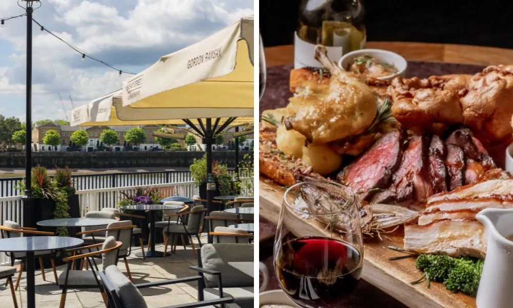 outdoor restaurant terrace on the river and roast beef with trimmings