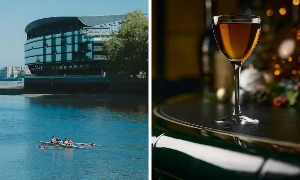 people on canoe boat in thames and cocktail