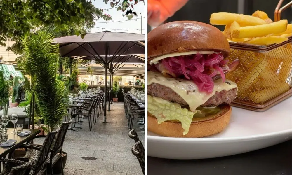 outdoor terrace at a restaurant and burger with fries