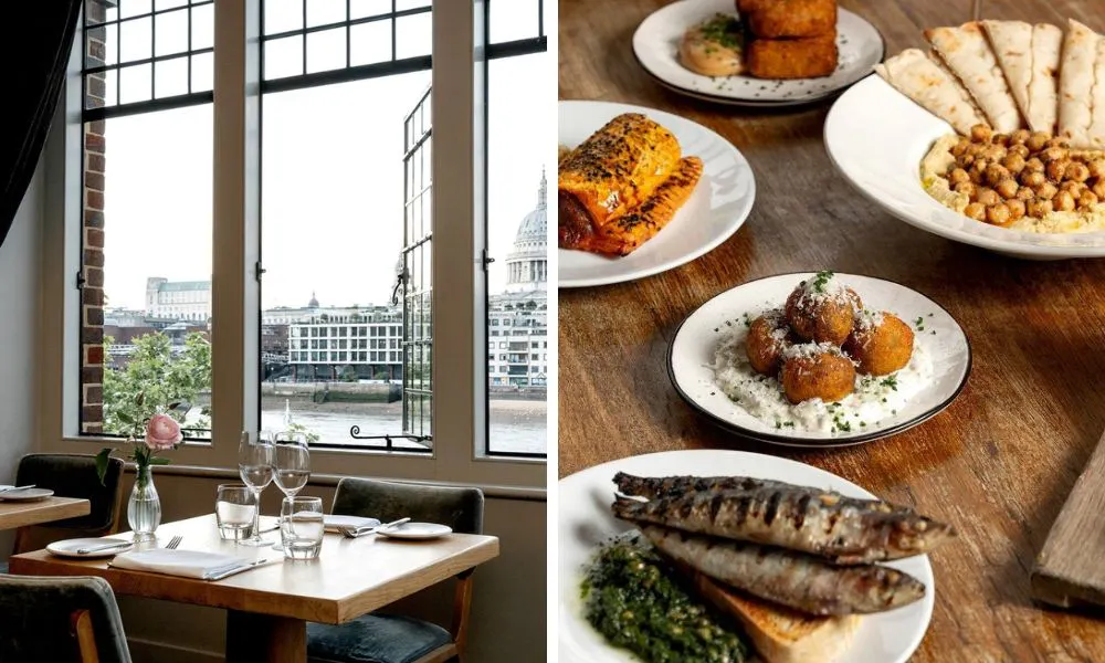 table overlooking the restaurant and selection of croquettes sardines and sausage rolls