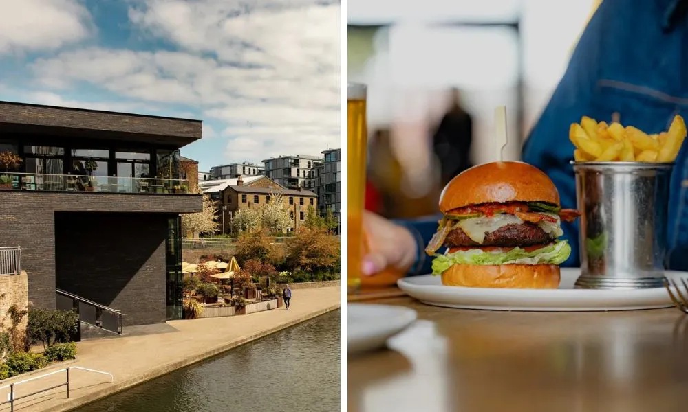 rooftop restaurant overlooking river and beef burger with fries