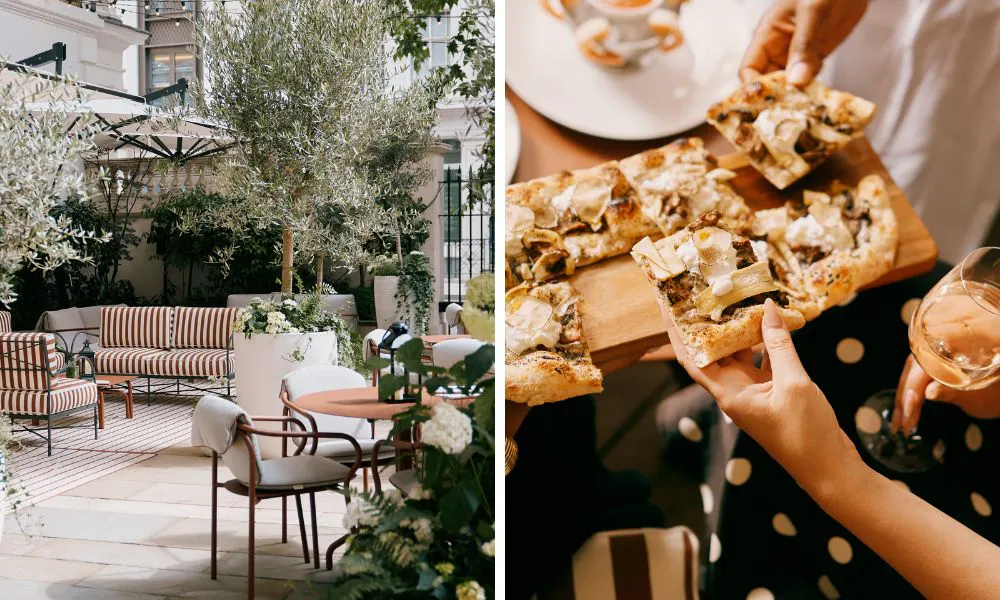Outdoor terrace and someone tucking into pizza