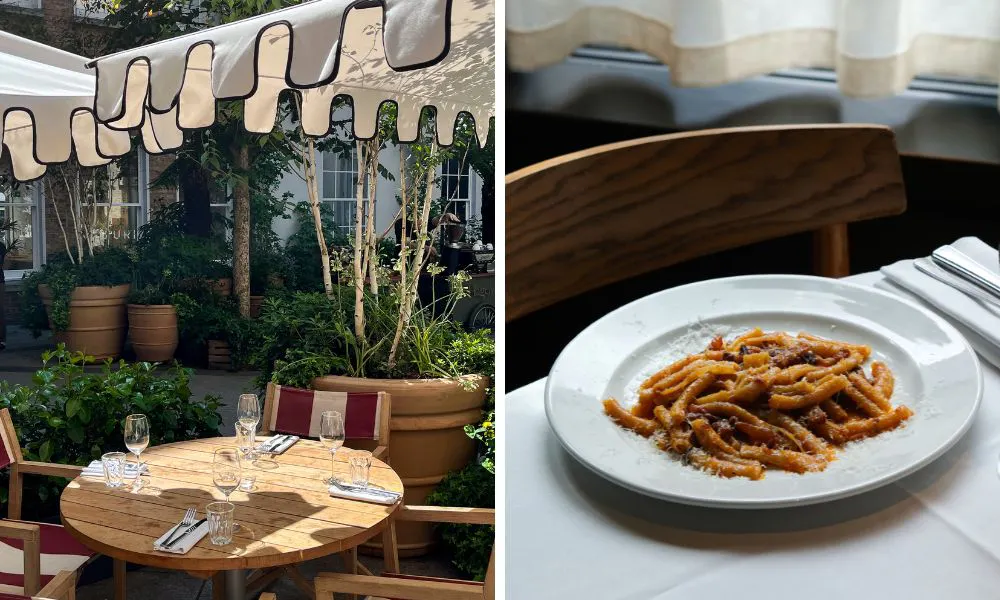 red and white striped chairs under umbrella and pasta with guiancale and parmesan