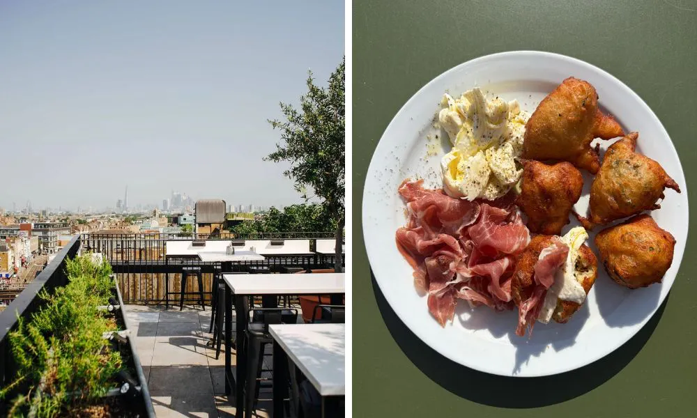 rooftop with view of london skyline and charcuterie plate