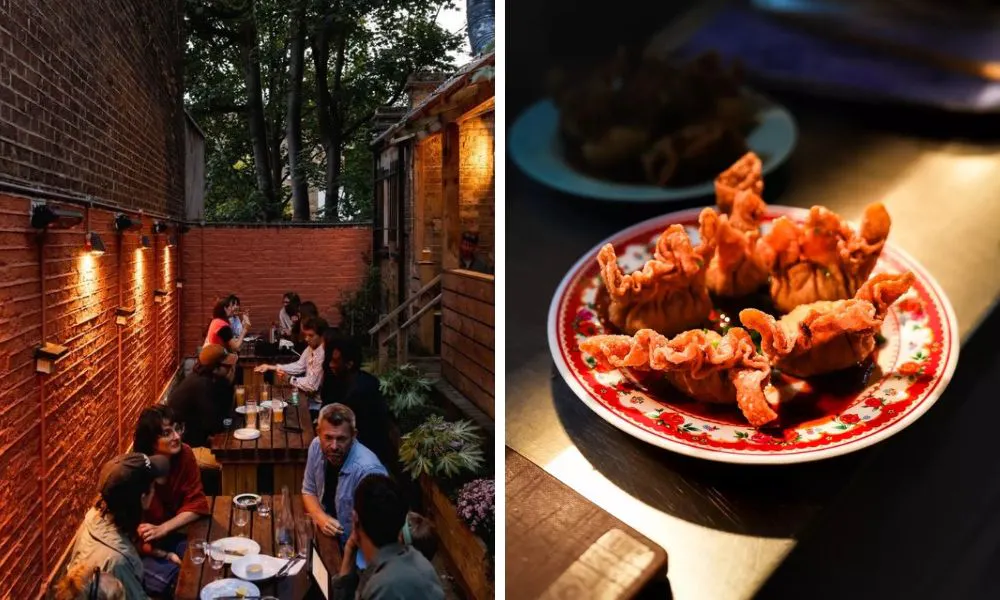 drinkers on wooden pub benches and fried wontons