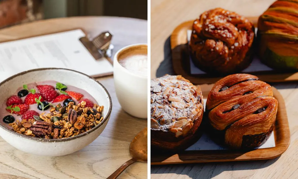 a yoghurt bowl with granola and berries, and a selection of pastries