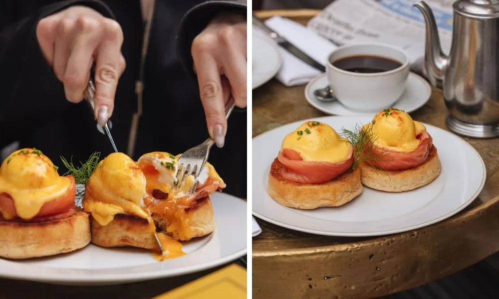 someone cutting into eggs royale