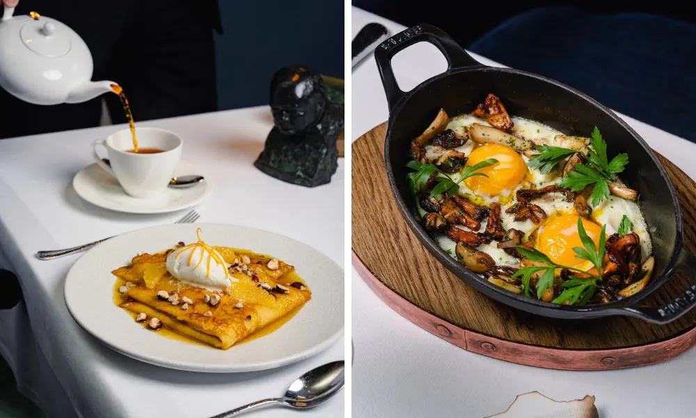 pancakes, and fried eggs with mushrooms