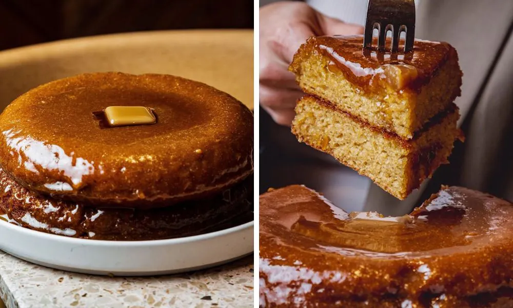 a stack of thick pancakes with hazelnut praline and brown butter