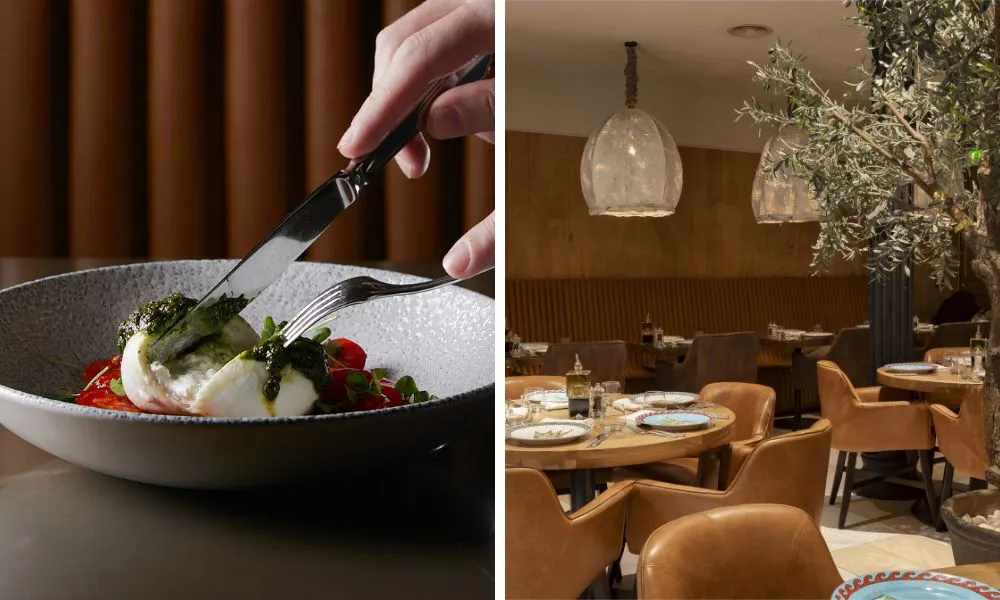someone cutting into a ball of mozzarella (left); glamorous restaurant interiors at Bocconcino