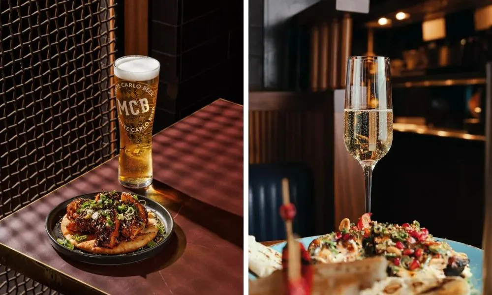 pint of lager with flatbread and glass of fizz