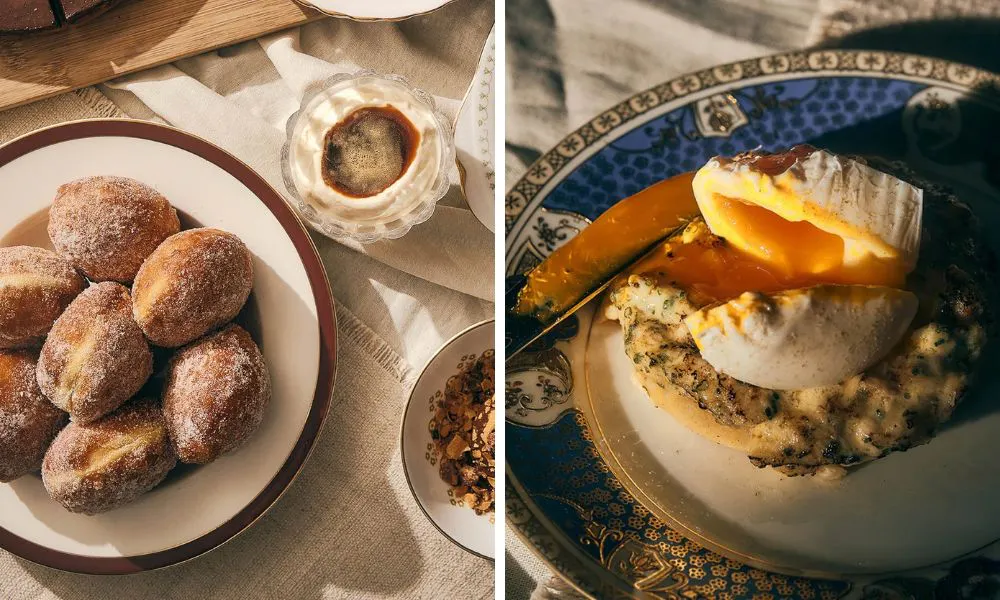 filled doughnuts with cream and poached egg on flatbread