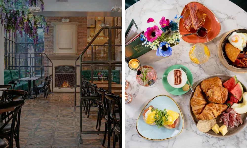 restaurant dining room and pastries and eggs benedict for brunch