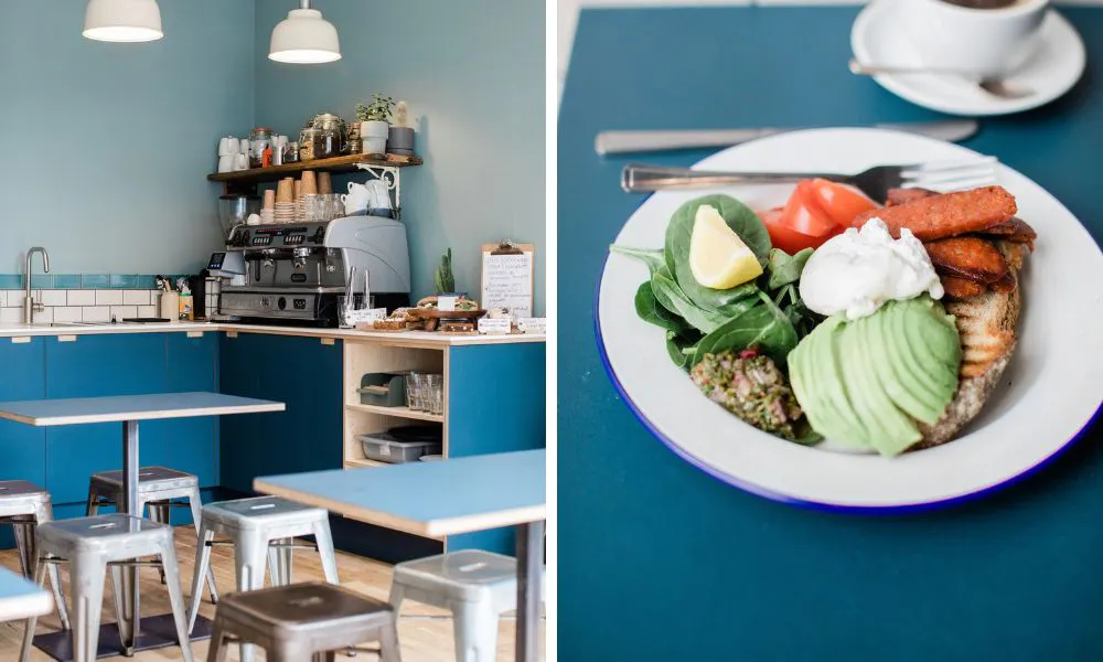 benches with low stools and poached egg with avocado and spinach on toast