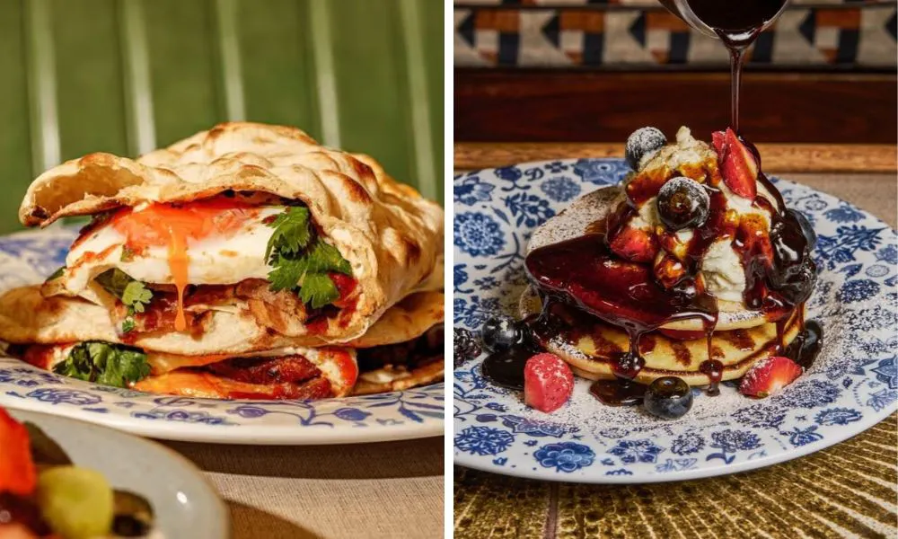 bacon naan roll and stack of pancakes with syrup and berries