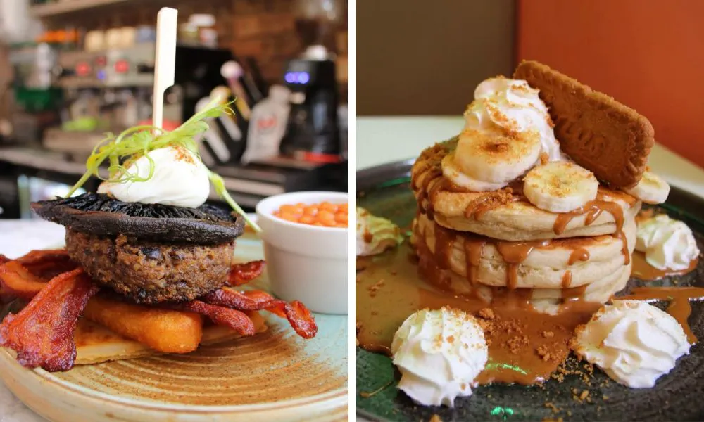 fried breakfast stack and pancakes with biscoff and whipped cream