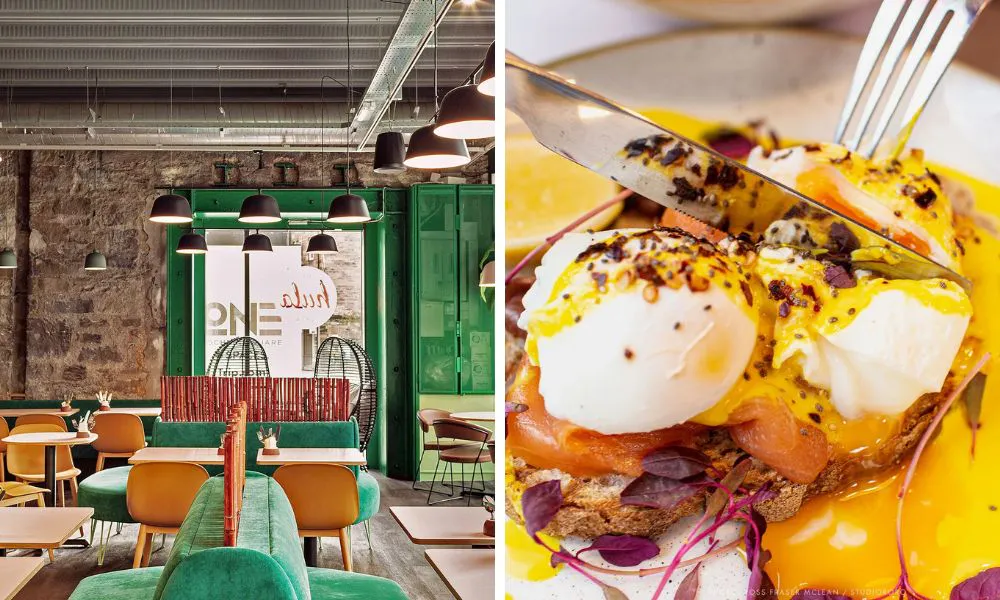 green cafe dining room and poached eggs with smoked salmon on toast