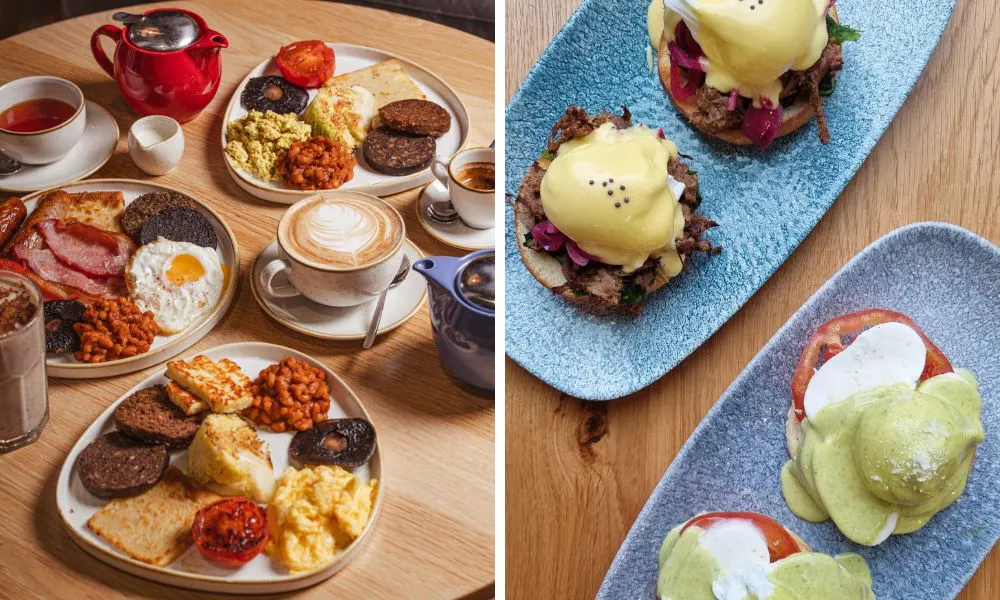 full english breakfast and eggs benedict with mozzarella and tomato