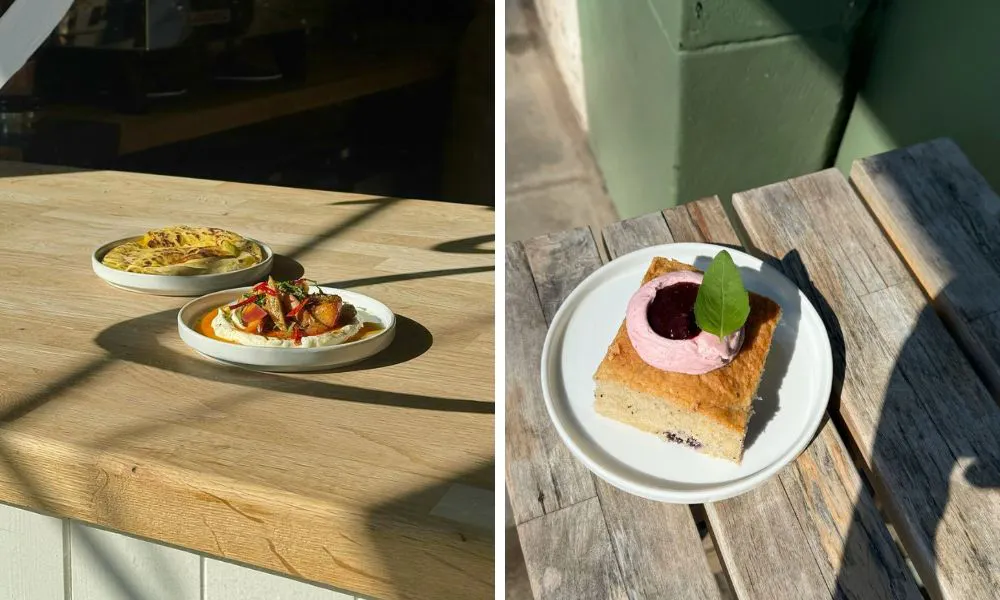 small plates with yogurt and veggies and cake with raspberry cream