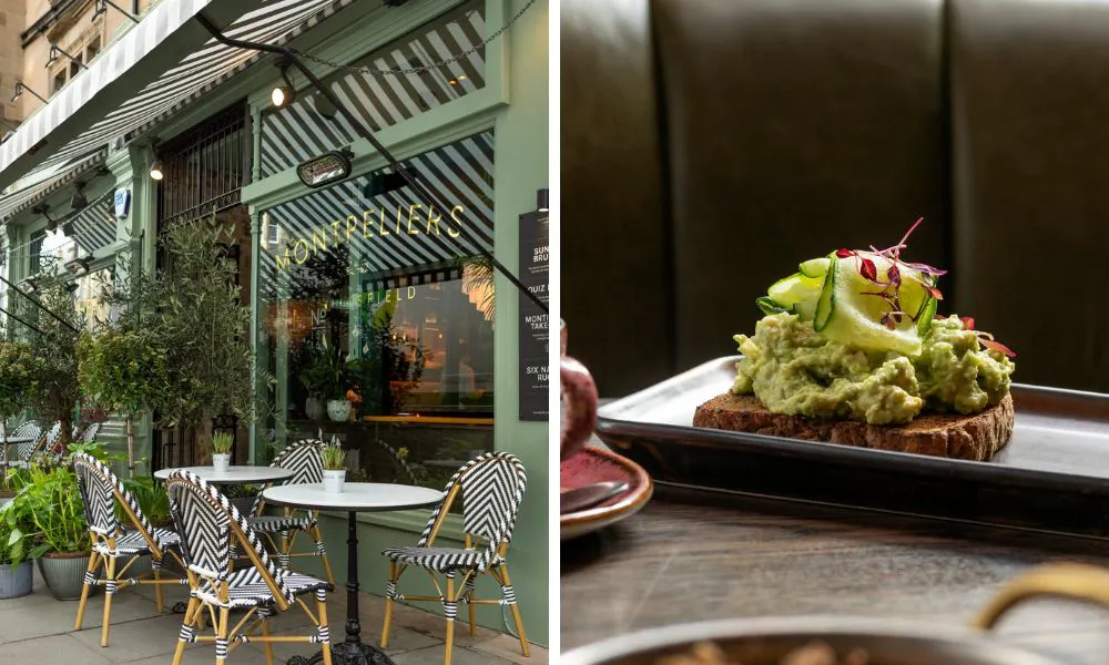 bistro tables outside a cafe and smashed avocado on toast