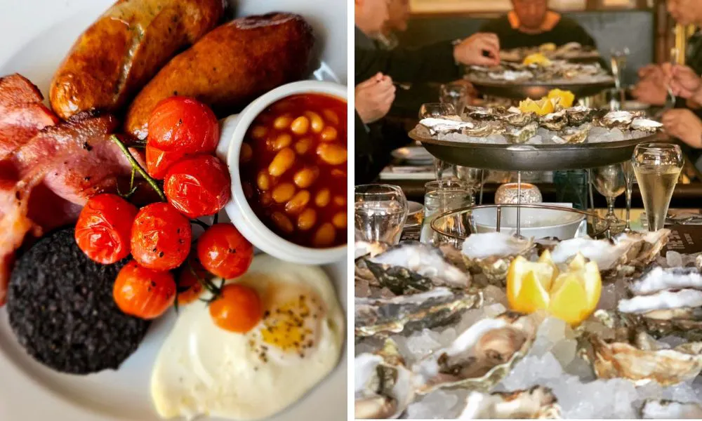 fried breakfast and stand of oysters with lemon