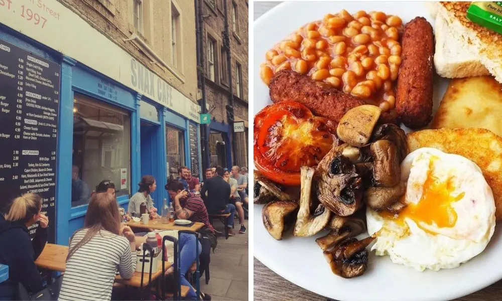 guests sitting outside a cafe and fried breakfast