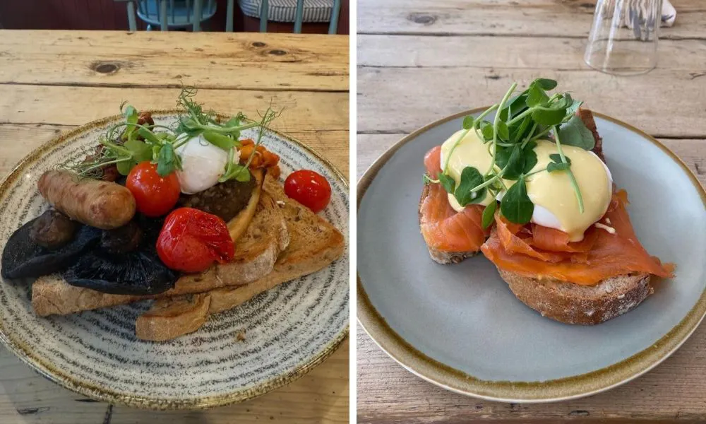 sausage tomato and black pudding on toast and smoked salmon benedict