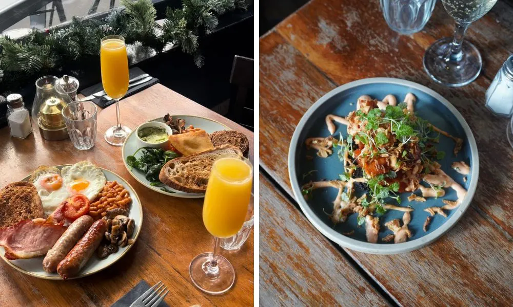 fried breakfasts with mimosas and pork belly bites