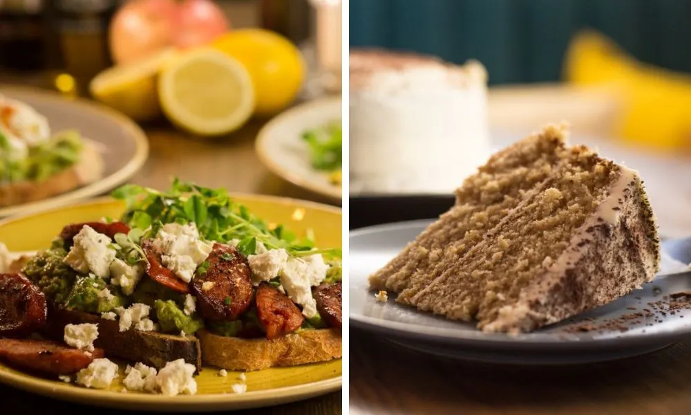 chorizo avocado and feta on toast and a slice of cake