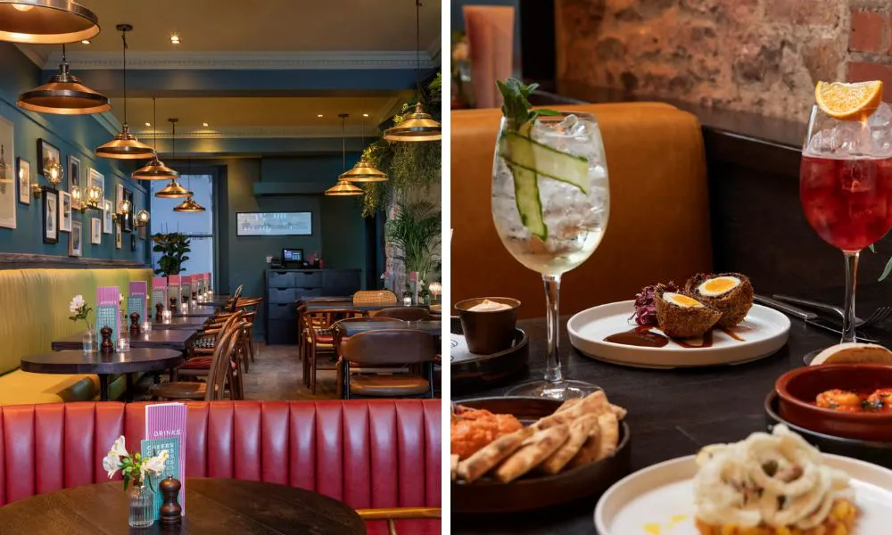 contemporary restaurant interiors with a selection of small plates and cocktails on a table