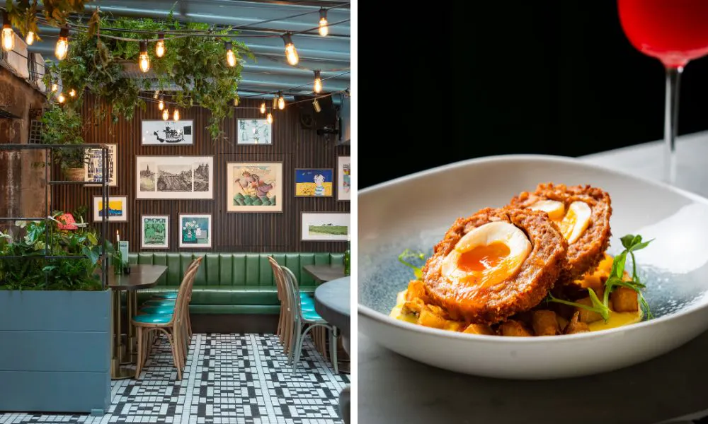 elegant restaurant interiors and a scotch egg on a table